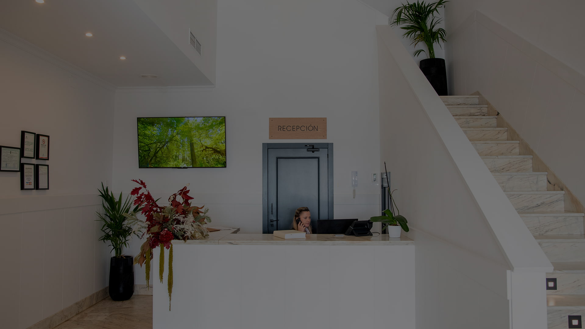 Recepcionista del Hotel Los Molinillos contestando al telefóno