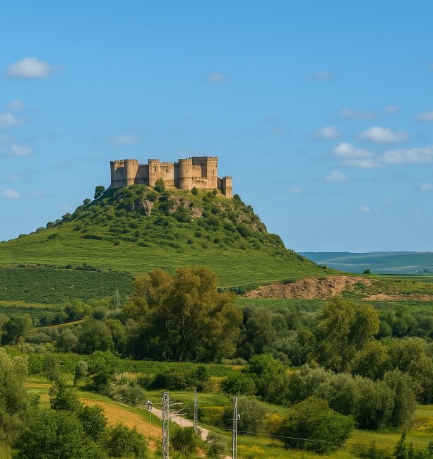 Castillo de Almodóvar del Río Señorial castillo en lo alto de una colina, rodeado de bosques