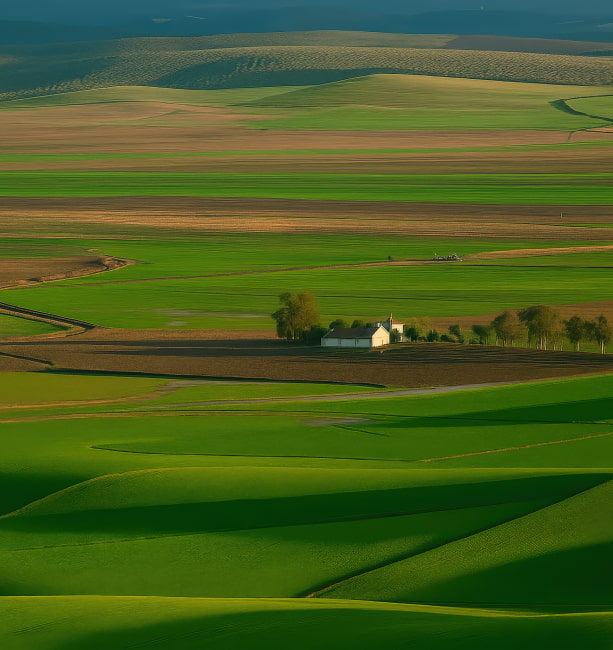 Campos de Posadas Extensos campos verdes, en medio de los cuales se ve una finca agrícola